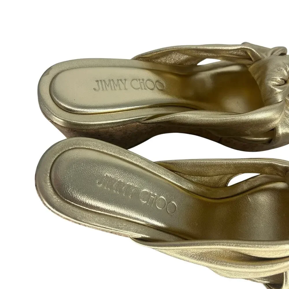 Jimmy Choo Avenue‎ Metallic Leather Cork Wedge Sandals Gold 37